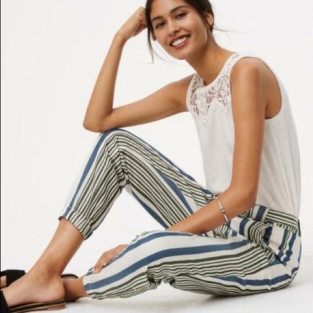 Ann Taylor LOFT | High-Rise Striped Zip Ankle‎ Joggers in 100% Lyocell - Picture 3 of 14
